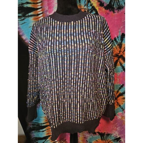 90s Susan Betrd Weekend Navy Yellow Pink Textured Stretch Sweater Size L/XL - Picture 1 of 8